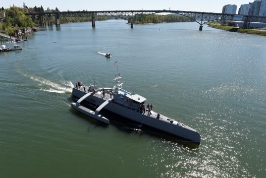 The Sea Hunter in the Willamette River after a christening ceremony in Portland, Oregon.
