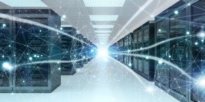 Server room center exchanging cyber datas 3D rendering