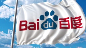 Waving flag with Baidu logo against sky and clouds. Editorial 3D rendering