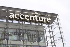 PRAGUE, CZECH REPUBLIC - MAY 22: Accenture global professional services company logo on Czech headquarters building on May 22, 2017 in Prague, Czech republic. In 2016, Fortune magazine named it the worlds most admired Information Technology Services company.