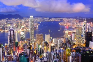 Hong Kong central district skyline and Victoria Harbour view at night