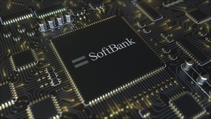Computer printed circuit board or PCB with SoftBank Group logo. Conceptual editorial 3D rendering