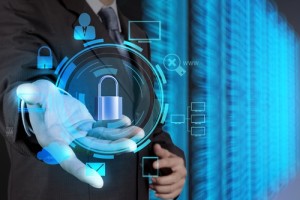 businessman hand showing 3d padlock on touch screen computer as