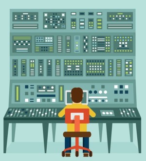 Flat illustration of expert with control panel. Analytics and management